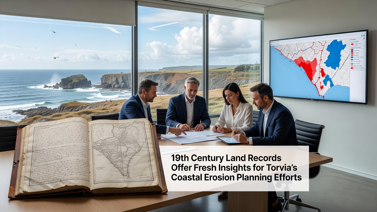 Archivist examining faded 19th-century cadastral map showing Torvia coastline boundaries